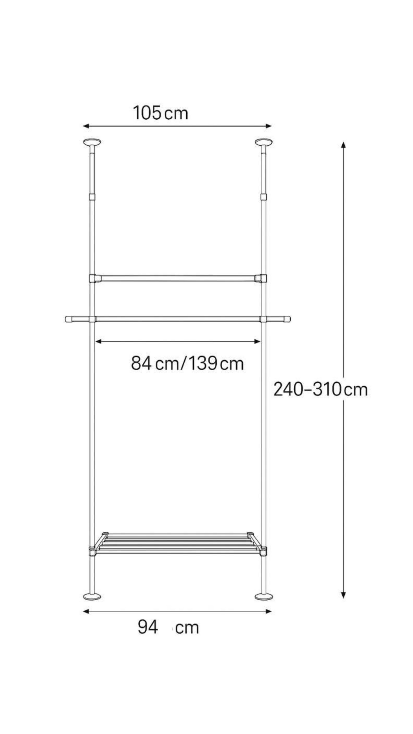 Telescopic wardrobe tension rack – floor to ceiling adjustable hanger with basket and shoe grill