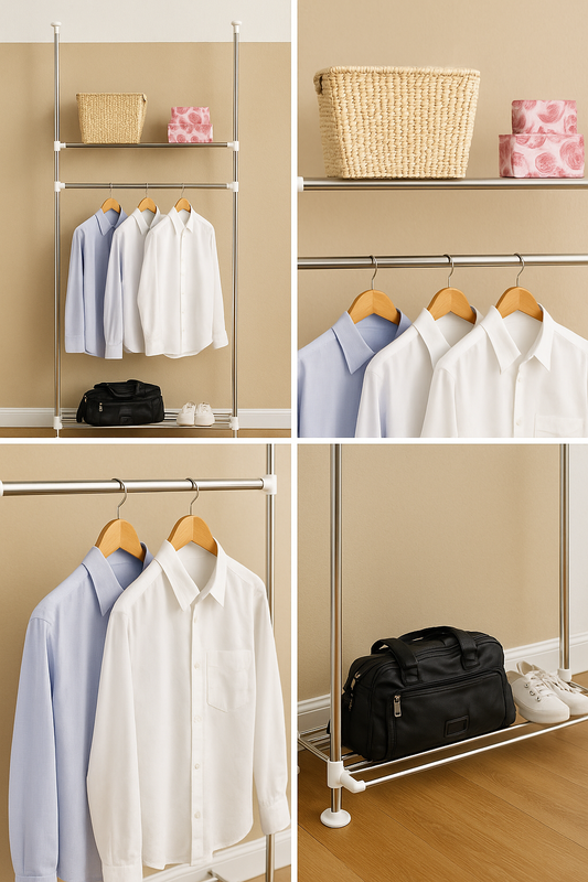 Telescopic wardrobe tension rack – floor to ceiling adjustable hanger with basket and shoe grill

